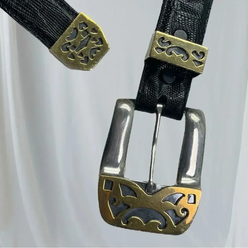 Pat Areias Sterling Silver Southwestern Belt Buckle, 30” Black Lizard Belt Strap